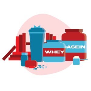 Pote de whey protein, garrafa e comprimidos de vitamina em ilustração gráfica nas cores azul e vermelho